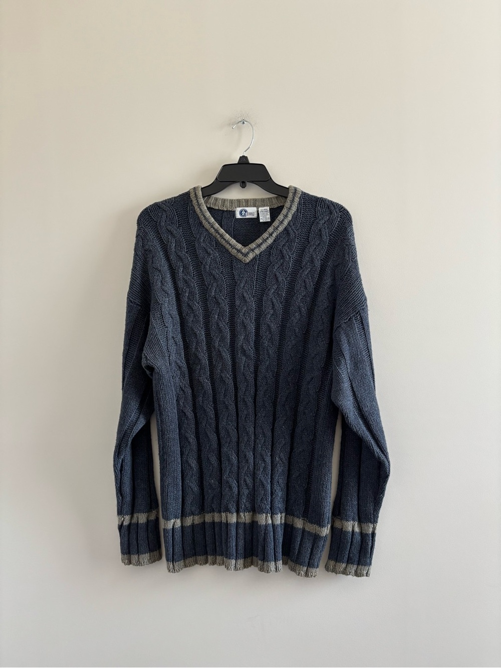 Vintage 90s Arizona Cable Knit Sweater Blue V-Neck Wool Mens XL Preppy Fisherman